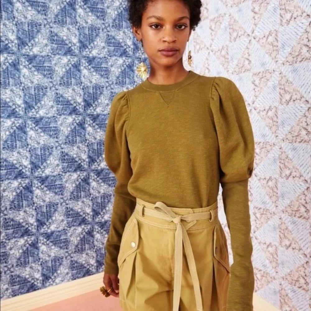 Ulla Johnson Philo Puff Bishop Sleeve Sweatshirt In Army Green